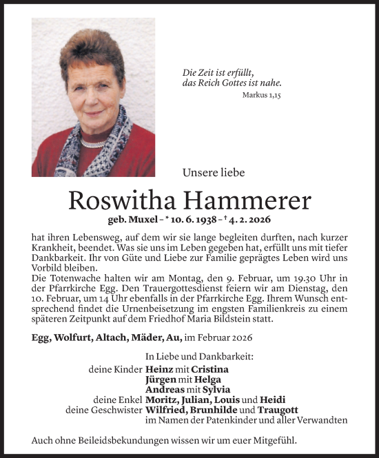 Todesanzeige von Roswitha Hammerer von Vorarlberger Nachrichten
