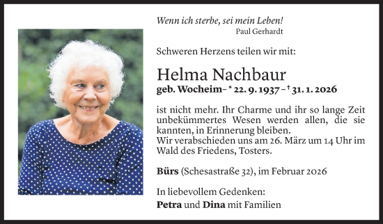 Todesanzeige von Helma Nachbaur von Vorarlberger Nachrichten
