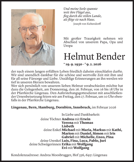 Todesanzeige von Helmut Bender von Vorarlberger Nachrichten