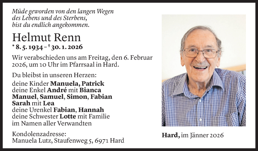  Todesanzeige für Helmut Renn vom 03.02.2026 aus Vorarlberger Nachrichten