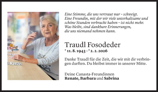Todesanzeige von Edeltraud Fosodeder von Vorarlberger Nachrichten
