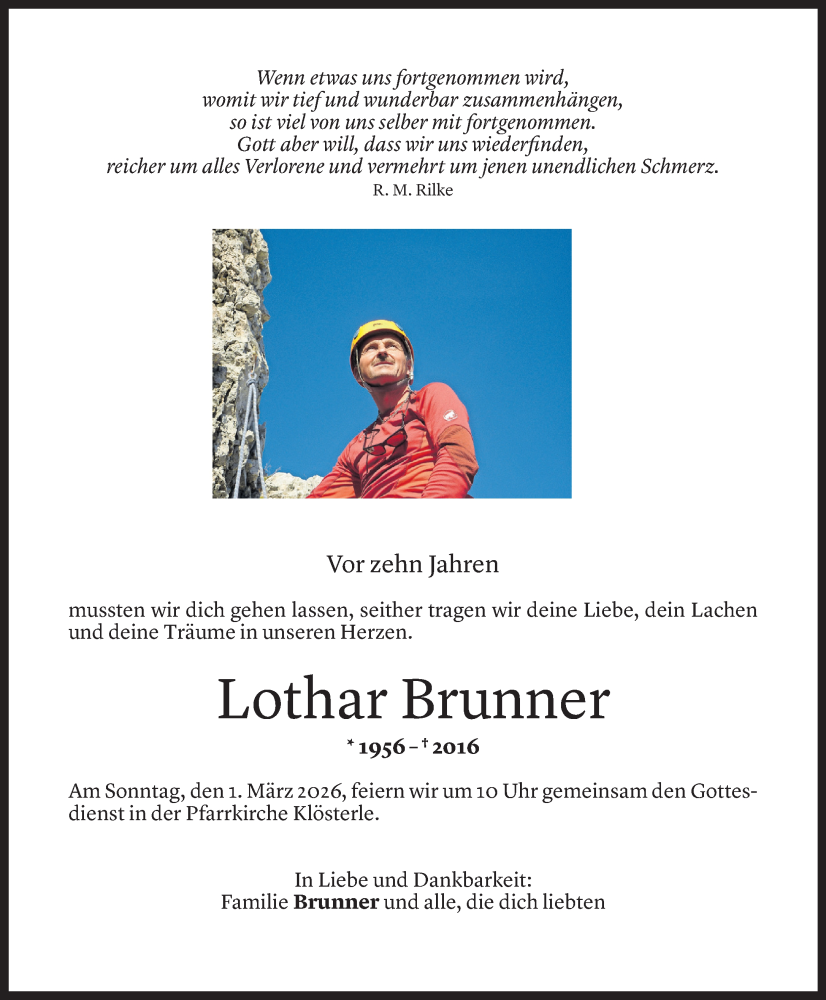  Todesanzeige für Lothar Brunner vom 18.02.2026 aus Vorarlberger Nachrichten