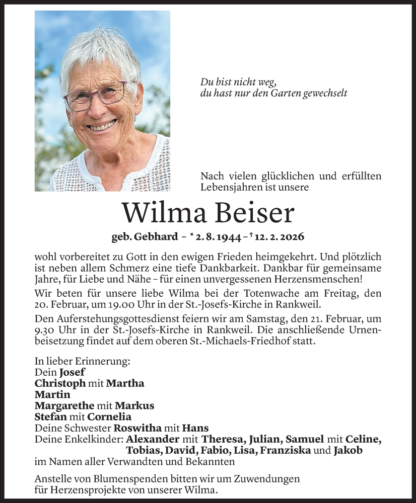  Todesanzeige für Wilma Beiser vom 16.02.2026 aus Vorarlberger Nachrichten