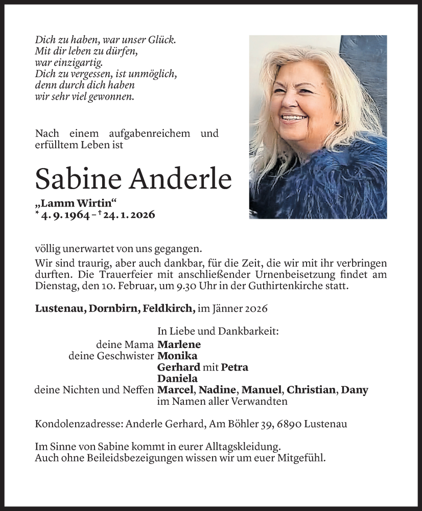  Todesanzeige für Sabine Anderle vom 06.02.2026 aus Vorarlberger Nachrichten