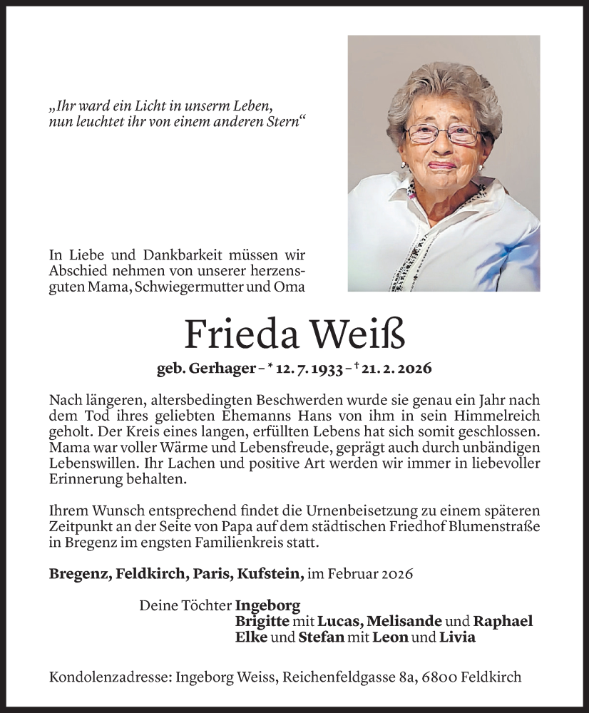  Todesanzeige für Frieda Weiß vom 28.02.2026 aus Vorarlberger Nachrichten
