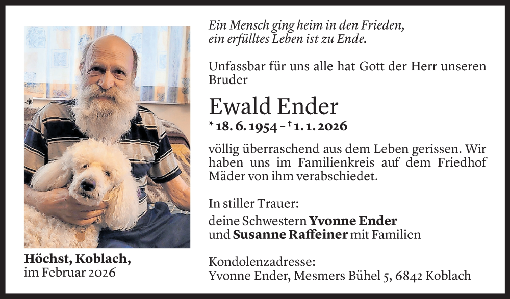  Todesanzeige für Ewald Ender vom 21.02.2026 aus Vorarlberger Nachrichten