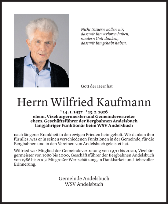 Todesanzeige von Wilfried Kaufmann von Vorarlberger Nachrichten