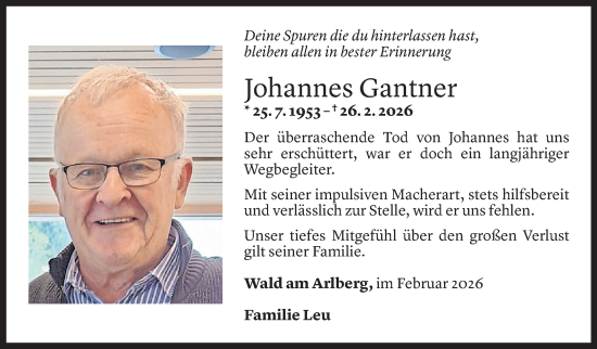 Todesanzeige von Johannes Gantner von Vorarlberger Nachrichten