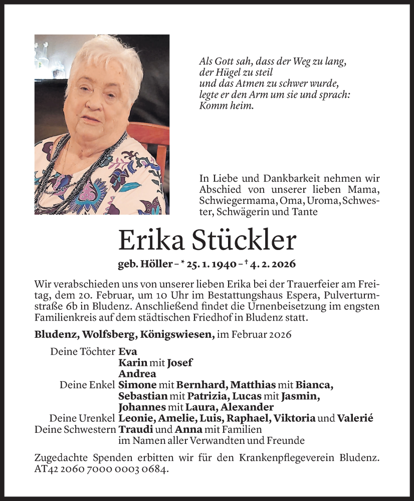  Todesanzeige für Erika Stückler vom 13.02.2026 aus Vorarlberger Nachrichten