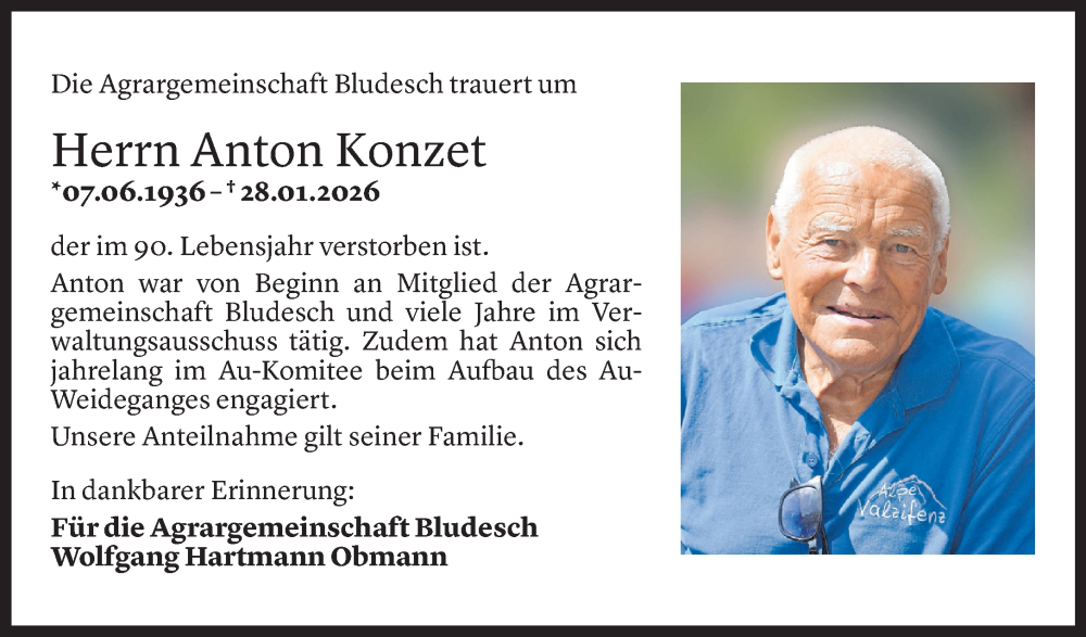  Todesanzeige für Anton Konzet vom 01.02.2026 aus vn