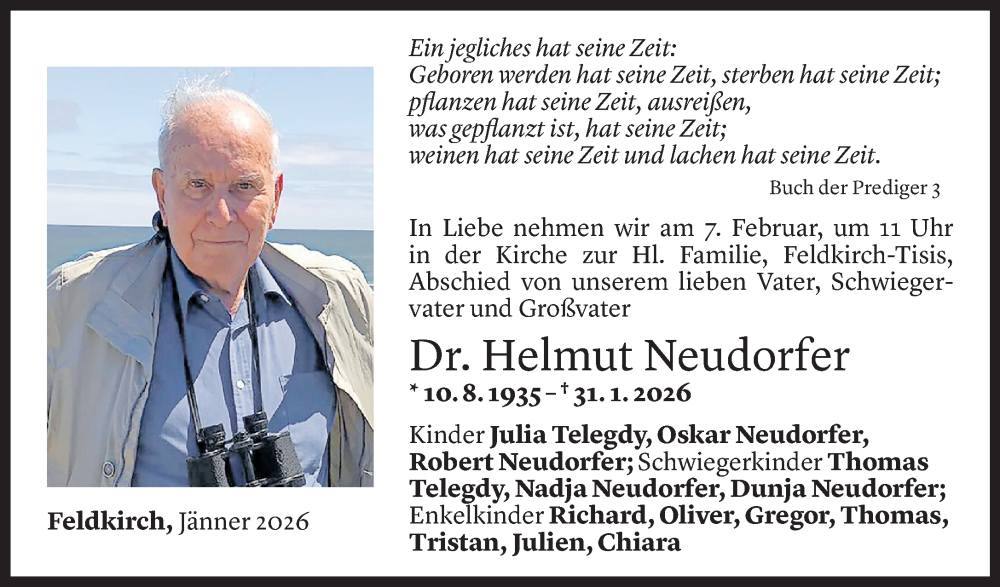  Todesanzeige für Helmut Neudorfer vom 05.02.2026 aus Vorarlberger Nachrichten