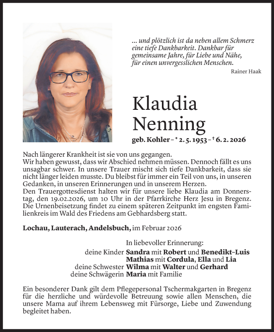 Todesanzeige von Klaudia Nenning von Vorarlberger Nachrichten