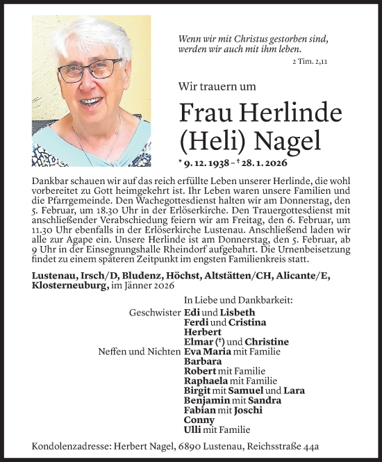 Todesanzeige von Herlinde Nagel von Vorarlberger Nachrichten