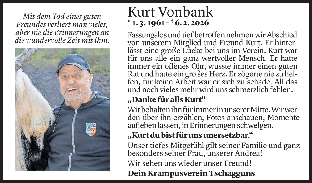  Todesanzeige für Kurt Vonbank vom 09.02.2026 aus Vorarlberger Nachrichten