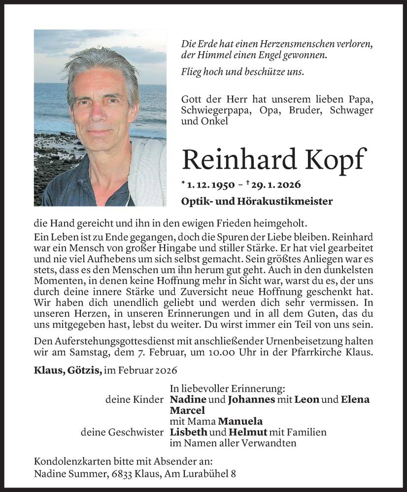  Todesanzeige für Reinhard Kopf vom 02.02.2026 aus Vorarlberger Nachrichten
