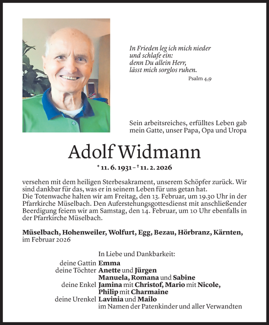 Todesanzeige von Adolf Widmann von Vorarlberger Nachrichten