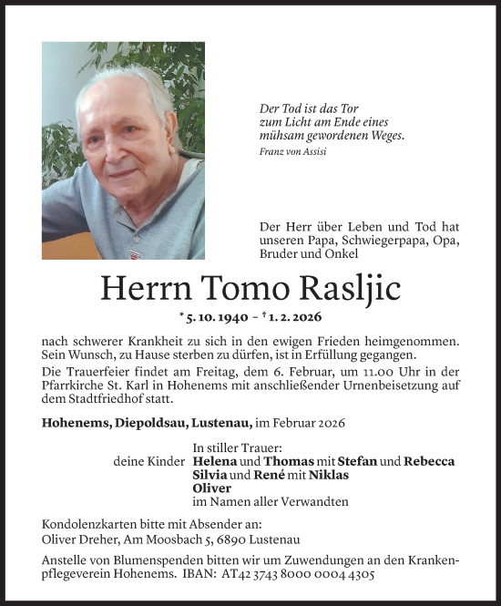 Todesanzeige von Tomo Rasljic von Vorarlberger Nachrichten