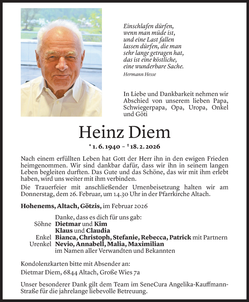  Todesanzeige für Heinz Diem vom 23.02.2026 aus Vorarlberger Nachrichten