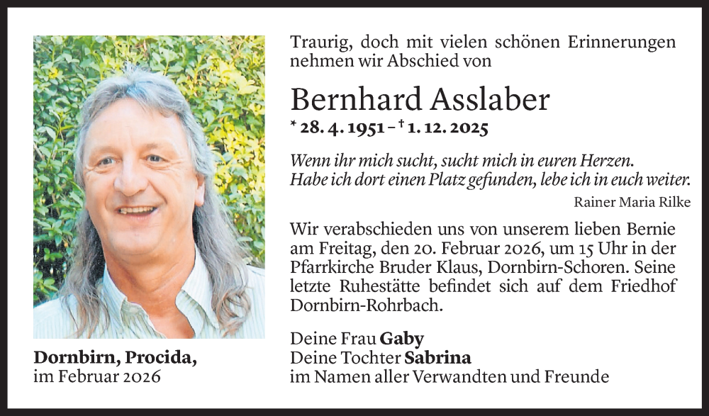  Todesanzeige für Bernhard Asslaber vom 13.02.2026 aus Vorarlberger Nachrichten
