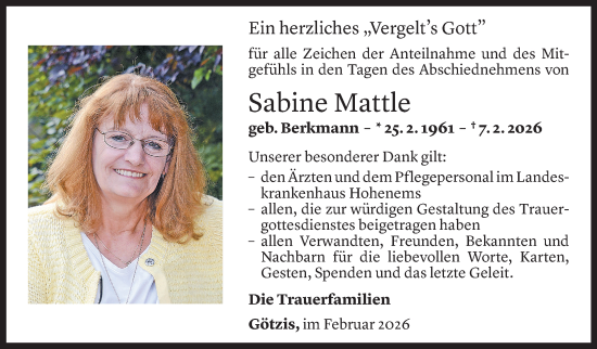 Todesanzeige von Sabine Mattle von Vorarlberger Nachrichten