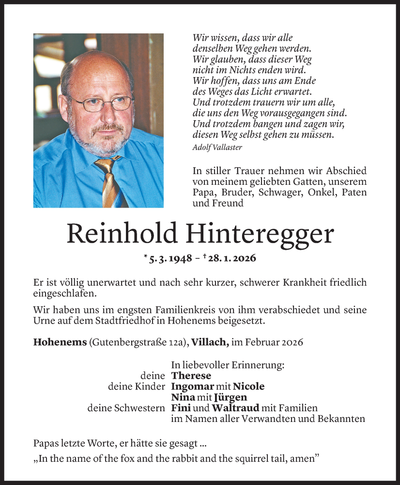  Todesanzeige für Reinhold Hinteregger vom 09.02.2026 aus Vorarlberger Nachrichten