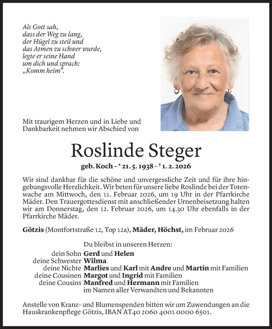 Todesanzeige von Roslinde Steger von Vorarlberger Nachrichten