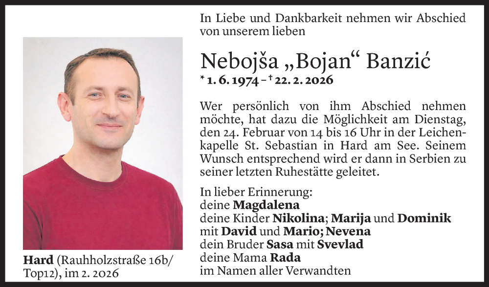  Todesanzeige für Nebojša Banzić vom 23.02.2026 aus Vorarlberger Nachrichten
