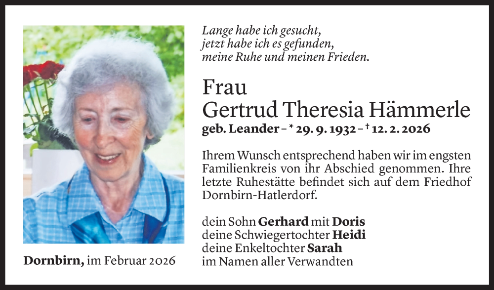  Todesanzeige für Gertrud Theresia Hämmerle vom 21.02.2026 aus Vorarlberger Nachrichten