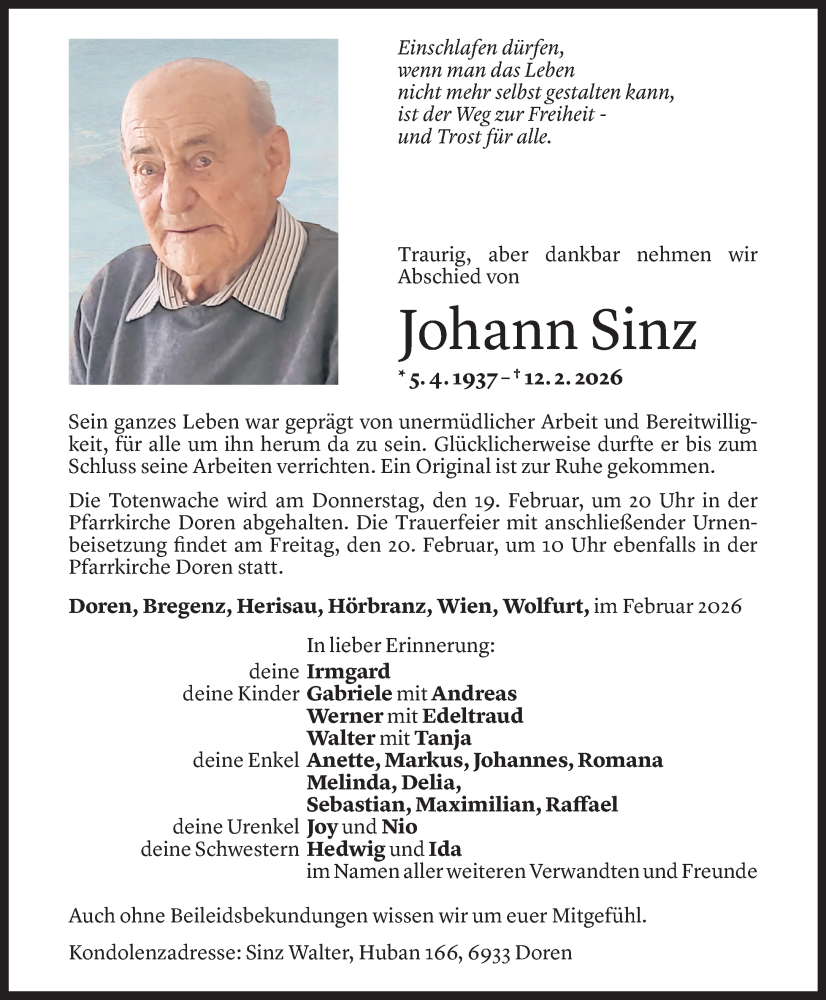  Todesanzeige für Johann Sinz vom 17.02.2026 aus Vorarlberger Nachrichten