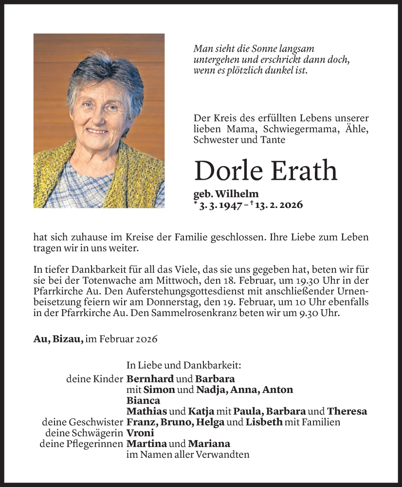  Todesanzeige für Dorle Erath vom 16.02.2026 aus Vorarlberger Nachrichten