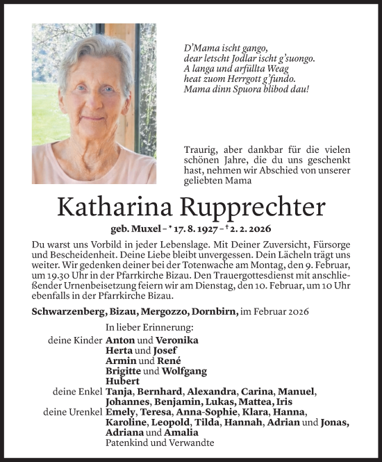 Todesanzeige von Katharina Rupprechter von Vorarlberger Nachrichten