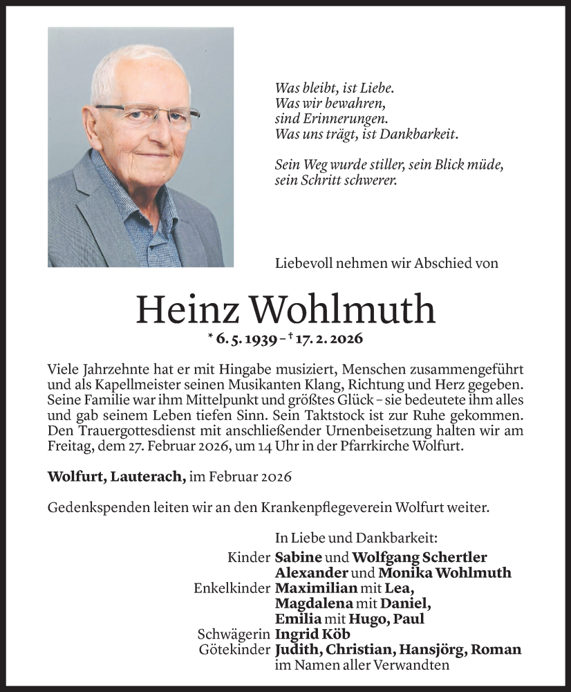  Todesanzeige für Heinz Wohlmuth vom 24.02.2025 aus Vorarlberger Nachrichten