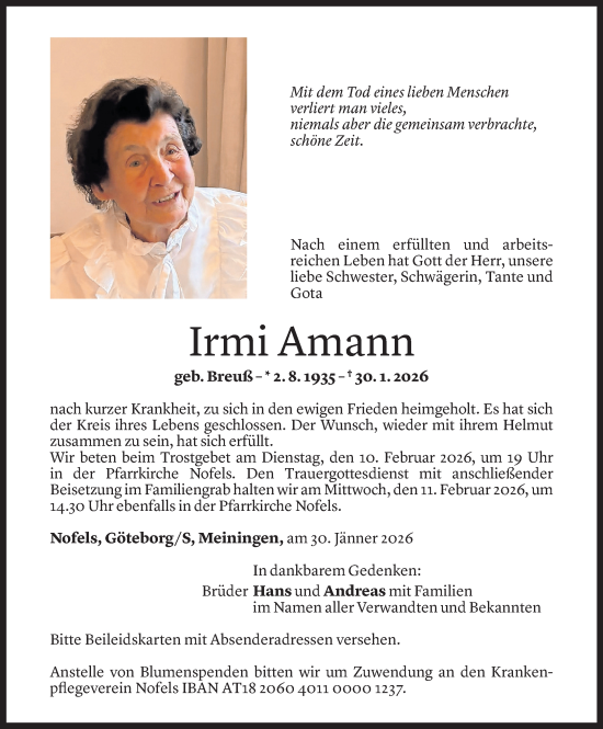 Todesanzeige von Irmi Amann von Vorarlberger Nachrichten