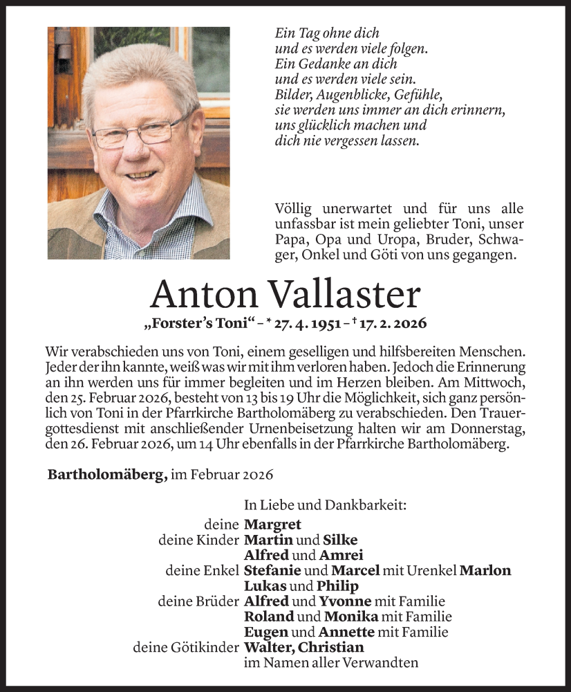  Todesanzeige für Anton Vallaster vom 21.02.2026 aus Vorarlberger Nachrichten