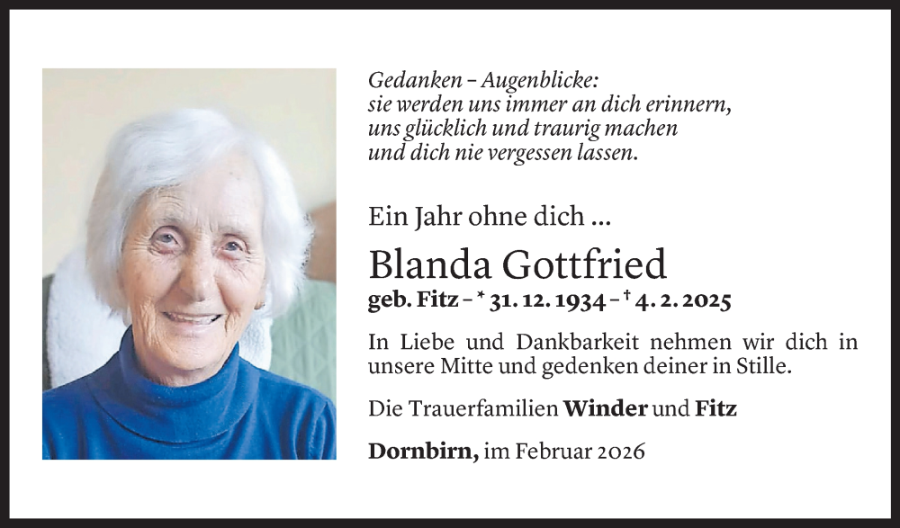  Todesanzeige für Blanda Gottfried vom 03.02.2026 aus Vorarlberger Nachrichten
