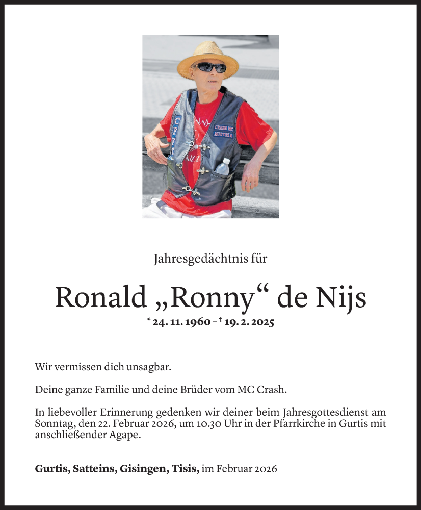  Todesanzeige für Ronald de Nijs vom 16.02.2026 aus Vorarlberger Nachrichten
