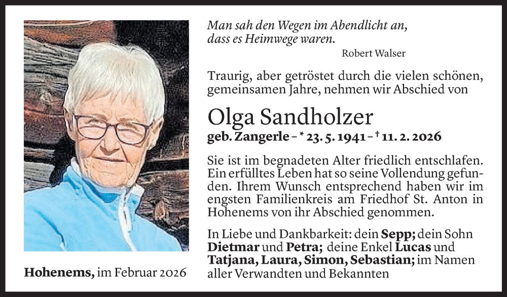  Todesanzeige für Olga Sandholzer vom 21.02.2026 aus Vorarlberger Nachrichten
