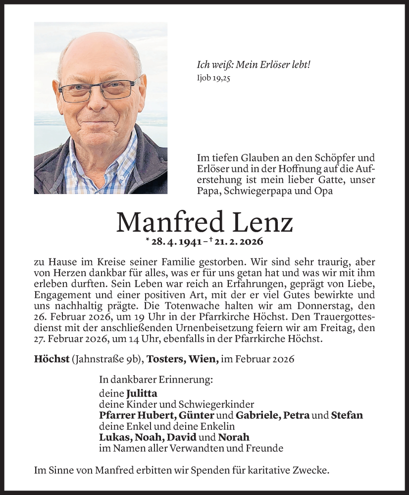  Todesanzeige für Manfred Lenz vom 23.02.2026 aus Vorarlberger Nachrichten