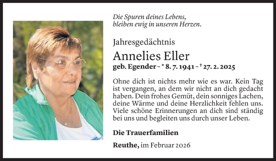 Todesanzeige von Annelies Eller von Vorarlberger Nachrichten