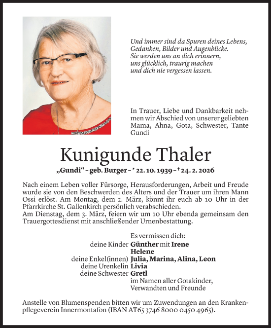 Todesanzeige von Kunigunde Thaler von Vorarlberger Nachrichten