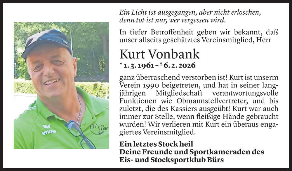  Todesanzeige für Kurt Vonbank vom 08.02.2026 aus Vorarlberger Nachrichten