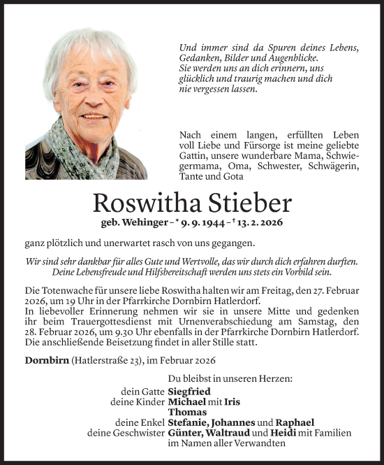 Todesanzeige von Roswitha Stieber von Vorarlberger Nachrichten