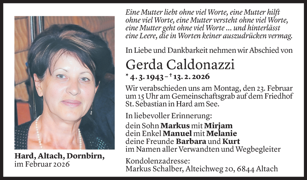  Todesanzeige für Gerda Caldonazzi vom 19.02.2026 aus Vorarlberger Nachrichten
