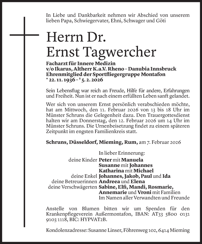  Todesanzeige für Ernst Tagwercher vom 08.02.2026 aus Vorarlberger Nachrichten