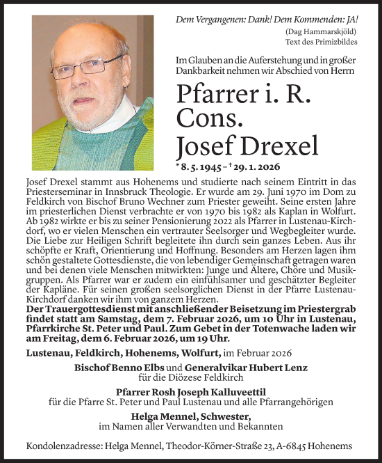 Todesanzeige von Josef Drexel von Vorarlberger Nachrichten