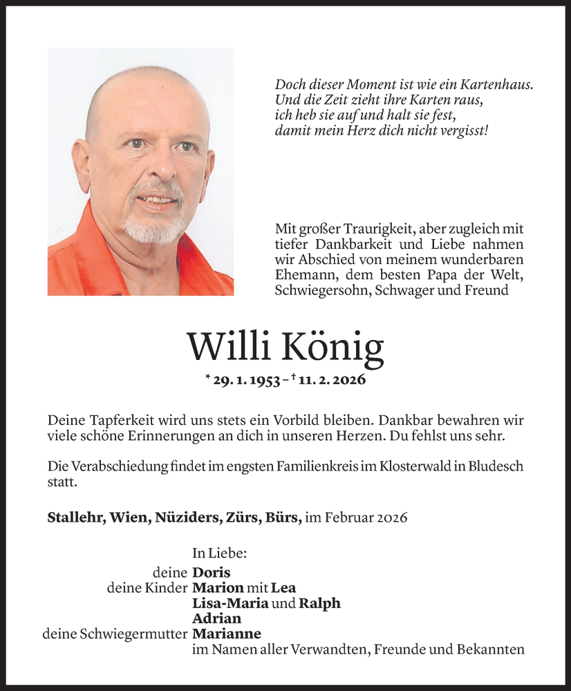  Todesanzeige für Willi König vom 21.02.2026 aus Vorarlberger Nachrichten
