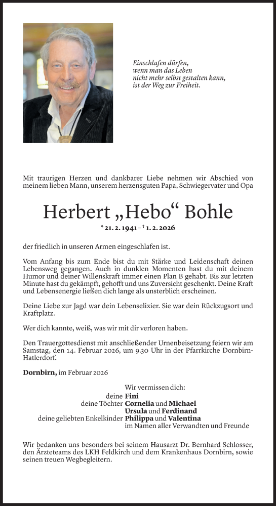  Todesanzeige für Herbert Bohle vom 05.02.2026 aus Vorarlberger Nachrichten