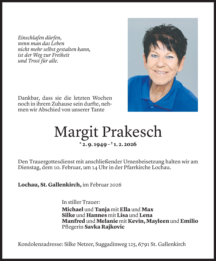  Todesanzeige für Margit Prakesch vom 03.02.2026 aus Vorarlberger Nachrichten