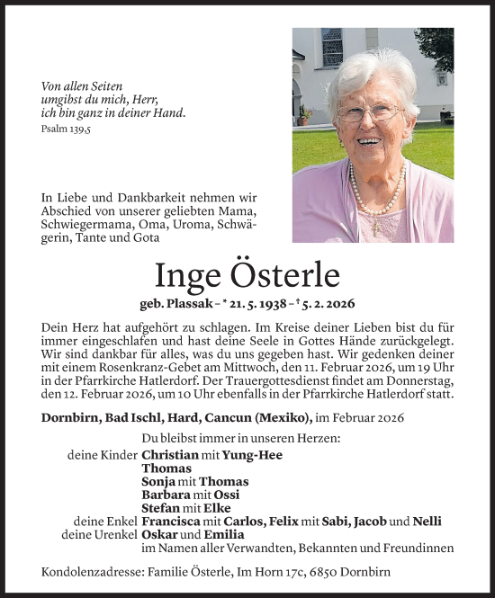 Todesanzeige von Inge Österle von Vorarlberger Nachrichten