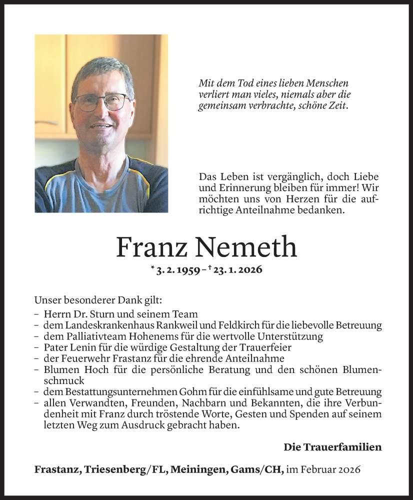  Todesanzeige für Franz Nemeth vom 26.02.2026 aus Vorarlberger Nachrichten